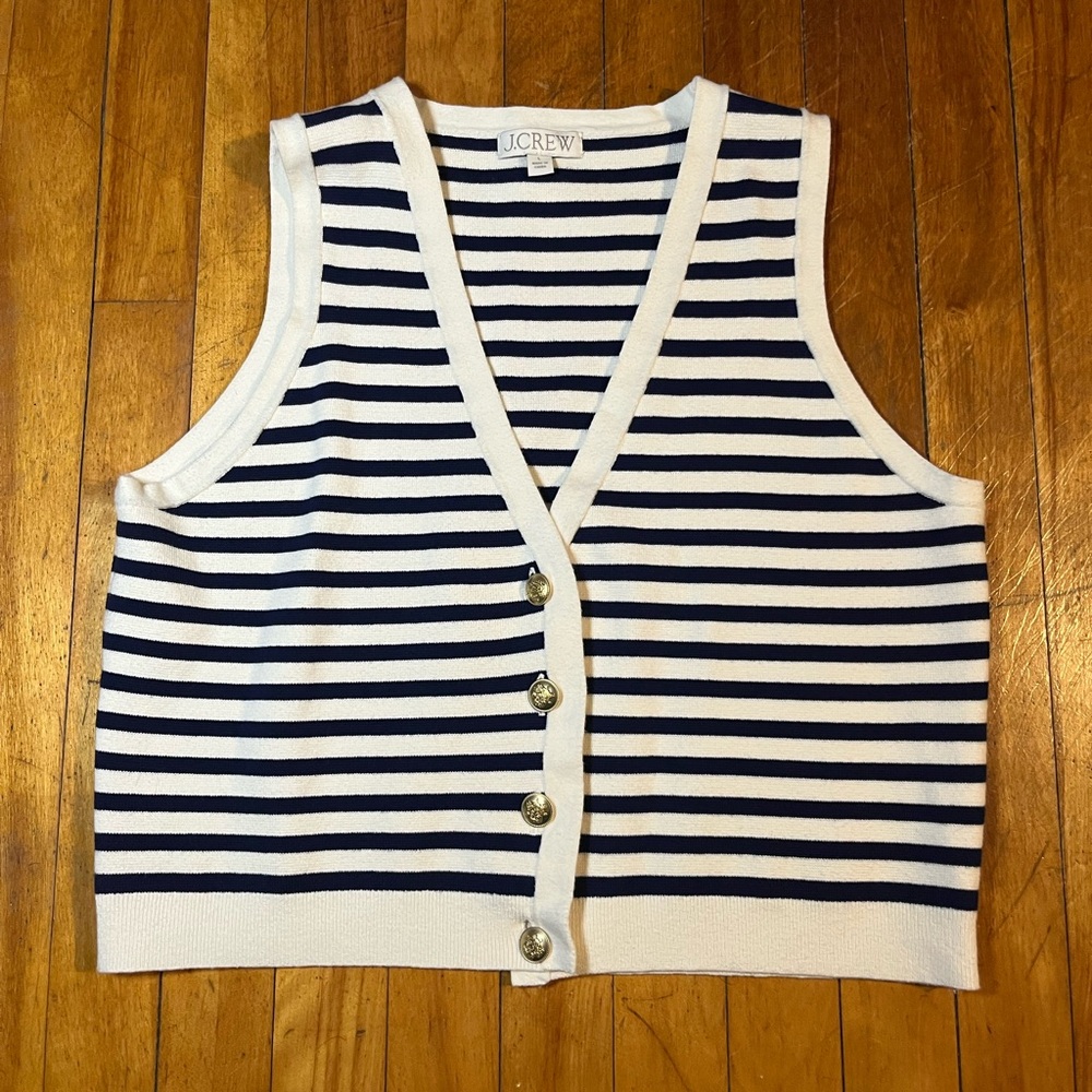 J. Crew Navy and White Striped Sleeveless Cardigan Vest